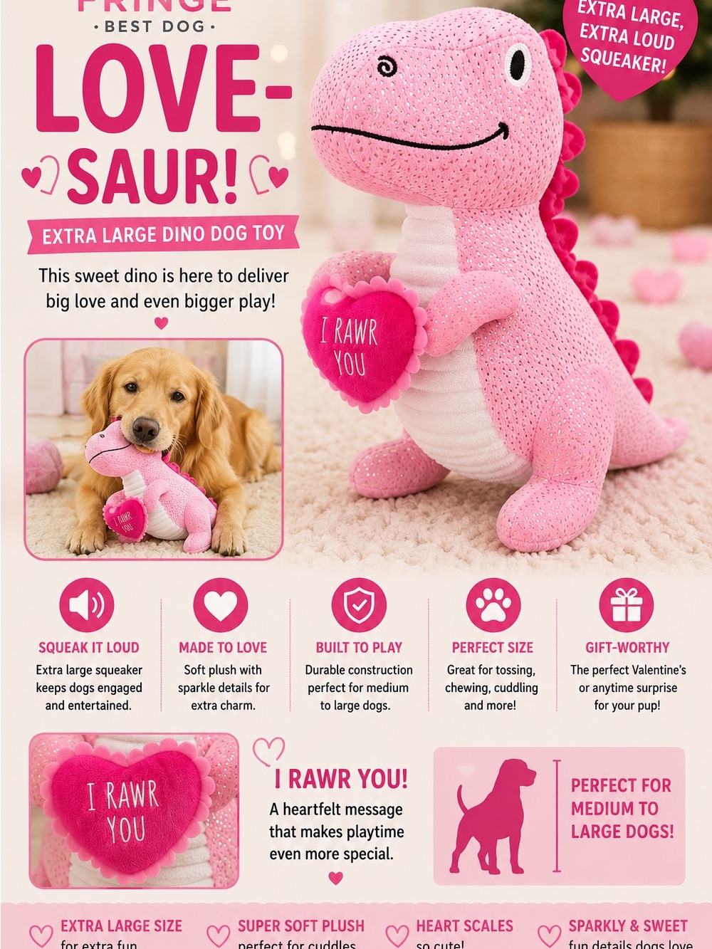 Fringe Studio Pink & White Love-Saur Dino Dog Toy
